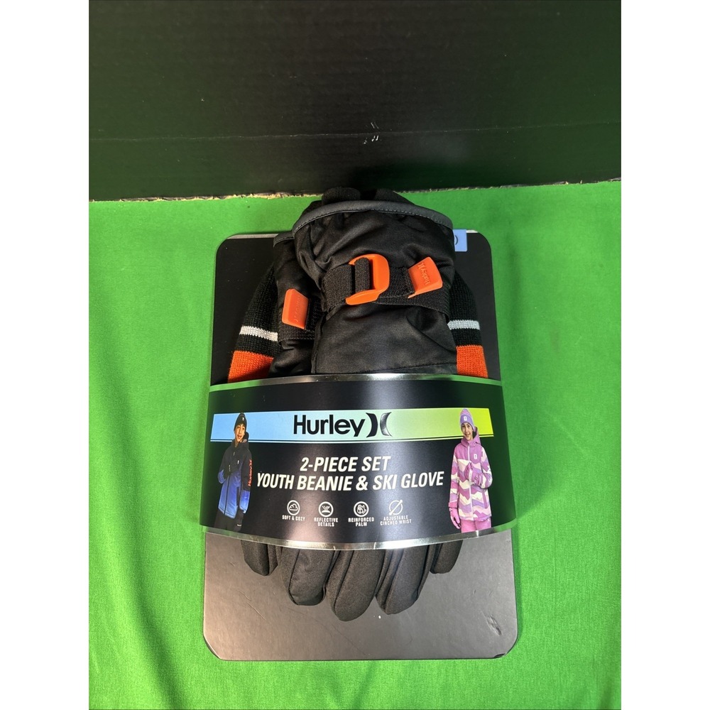 NWT Hurley Kids 2-Piece Beanie Hat and Ski Glove Set Black Orange Size S 4-7